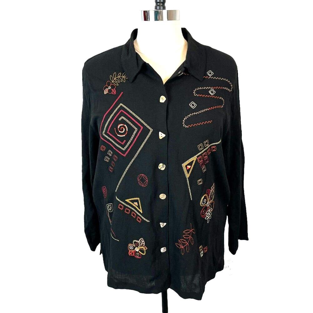 Koret Vintage Shirt Jacket Crinkle Embroidered Plus Size 20 Black Geo Floral NWT